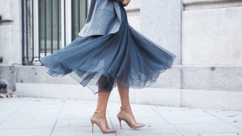Ultra Stylish Woman in full blue skirt and nude heels